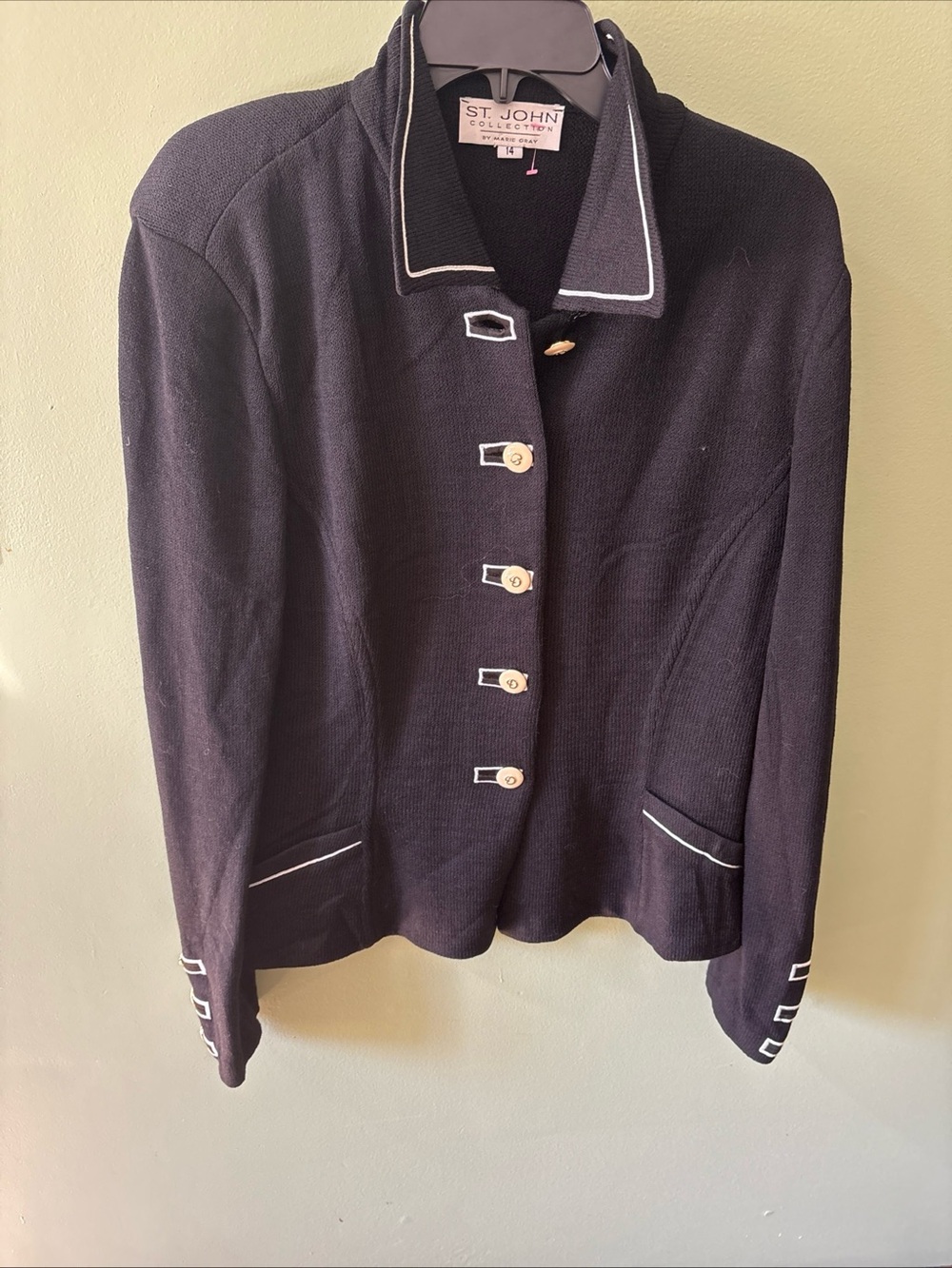 St John | Santana Knit Black Jacket Blazer Piping Detail Ivory Buttons 14